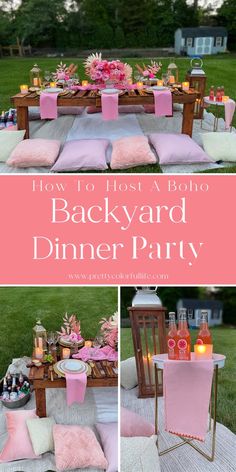 a backyard dinner party with pink napkins and flowers