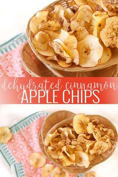 two bowls filled with apple chips on top of a table