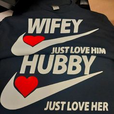 Wifey And Hubby Nike Logo. Includes 2 Short Sleeve And There Is Also Long Sleeve. Message Me With Your Sizes. Sizes Available: Small To Xxl Couple Tshirts Funny, Couples Shirts Funny, Christmas Couple Shirts, Engagement Shirts, Book Animation, Couples Trip, Wife Shirts, Relationships Advice, Cute Couple Shirts