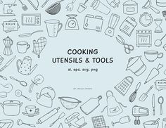 the words cooking utensils and tools are surrounded by hand drawn kitchen related items