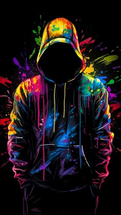 a person wearing a hoodie with colorful paint splatters on it