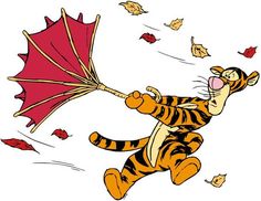 a cartoon tiger holding an umbrella in the air