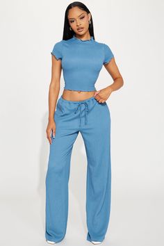 Available In Taupe, Blue, Rust, And Black. Textured Pant Set Short Sleeve High Neck Wide Leg Pant Drawstring Pockets Stretch 97% Polyester 3% Spandex Imported | Life Is Good Textured Pant Set in Blue size 2X by Fashion Nova Mid-rise Blue Bottoms For Loungewear, Mid-rise Blue Lounge Pants, Blue Mid-rise Loungewear Pants, Mid-rise Blue Pants For Loungewear, Blue Elastane Summer Pants, Blue Elastane Pants For Summer, Cute Summer Fits, Fashion Nova Outfits, Stylish Summer Outfits