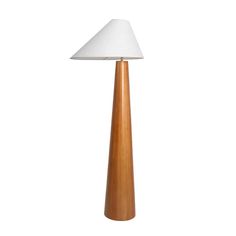 a wooden floor lamp with a white shade on the top and bottom part of it