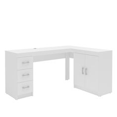 a white desk with two drawers on the left and one drawer on the right side