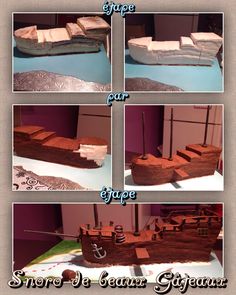 four different pictures of a boat made out of wood and paper with the caption's name on it