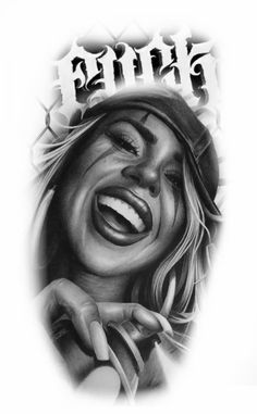 a black and white drawing of a woman with the word smile on her face in front of