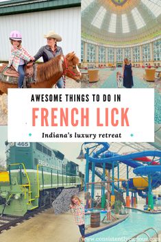 there is a collage of pictures with horses and people in the background that says, awesome things to do in french lick indiana's luxury retreat