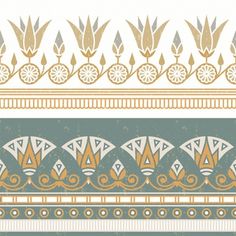 a set of four different patterns in gold and green colors on a white background with an ornate border