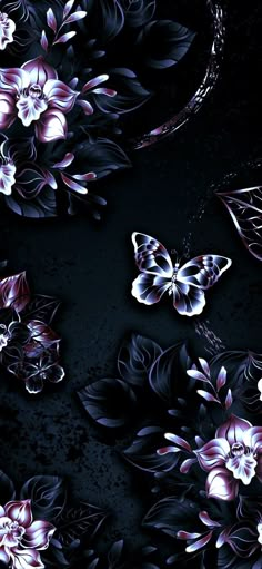 purple flowers and butterflies on a black background