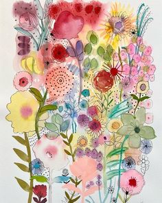 watercolor painting of flowers and butterflies in pink, yellow, green, blue, red