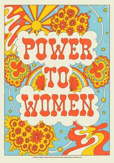 a poster with the words power to women written in red, yellow and blue colors