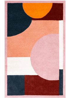 a rug with an abstract design in pink, orange and blue colors on the floor