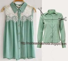 a green shirt with white lace on the collar and long sleeves, next to an image of