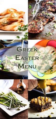 a collage of photos showing different types of food and the words greek easter menu