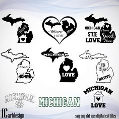 michigan and michigan state silhouettes with heart, love, michigan, michigan, michigan