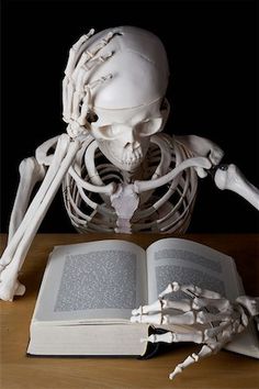 a skeleton reading a book on top of a wooden table next to an open book