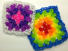 two crocheted squares with different colors on them