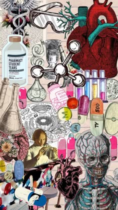 a collage of various medical items including an image of a human heart and lungs