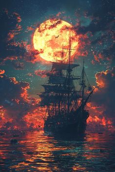 a ship floating in the ocean with a full moon above it and clouds behind it