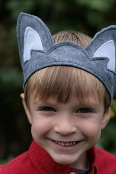 a young boy wearing a gray cat ears headband smiles at the camera with trees in the background