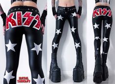 Rock Star Outfit Women, Studded Pants, Rock Costume, Kiss Logo, Studded Leggings, Kiss Costume, Rock Star Outfit, Silver Pants, Heavy Metal Fashion