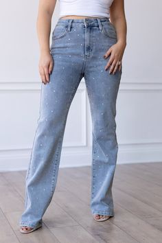 Step into the spotlight with our Light Wash Crystal Studded Straight Leg Jeans, a dazzling blend of casual comfort and glamorous detail. The light wash denim provides a versatile backdrop for the intricate crystal stud embellishments, adding a touch of sparkle and flair. These straight-leg jeans effortlessly combine everyday ease with elevated style, making them a standout choice for both daytime chic and evening allure. Embrace the brilliance of crystal studs and make a statement wherever you g Bedazzled Denim, Crystal Jeans, Elevated Style, Light Wash Jeans, Light Wash Denim, Colored Denim, Straight Jeans, Straight Leg Jeans