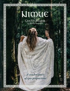 the cover of nimue crochet blanket, featuring a woman wrapped in a white shawl