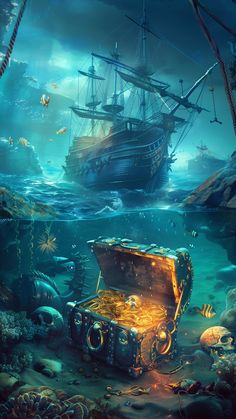 an underwater scene with a pirate ship in the distance and other sea creatures surrounding it