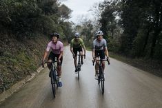 three bicyclists are riding down the road in front of each other on their bikes