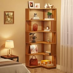 a room with a bed, lamp and bookshelf on the floor in it