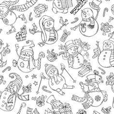 black and white christmas doodles with snowmen, gifts and presents on them