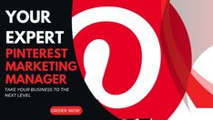 a red and white advertisement for pinterest marketing manager with the number six on it