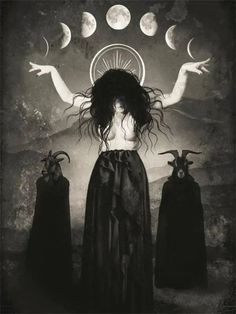 a woman with long hair standing in front of three goats and the moon behind her