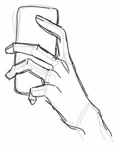 a drawing of a hand holding a cell phone in it's left hand,