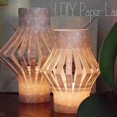 two lamps sitting on top of a wooden table next to a green leafy plant