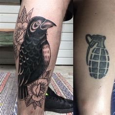 two different tattoos that are on the legs and one has a black bird in it