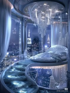 a futuristic bedroom with chandelier, bed and city lights in the background at night