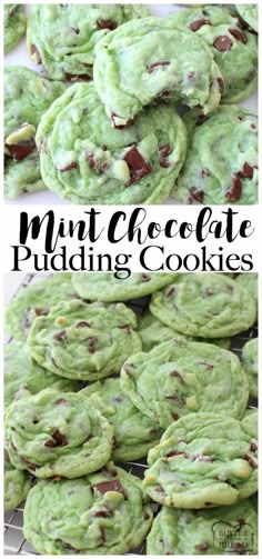 mint chocolate pudding cookies are stacked on top of each other and ready to be eaten