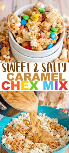 sweet and salty caramel chex mix is being poured into a bowl with cereal