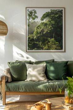 a living room with a green couch and coffee table