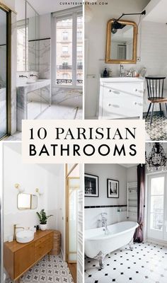 the top ten parisian bathrooms in paris, france and new york are all decorated with black and white tile