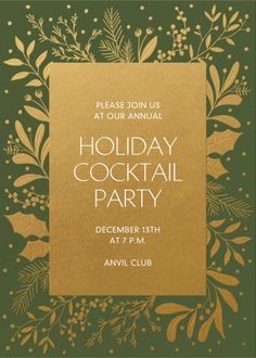 a holiday cocktail party with gold foil and greenery on the front, green background