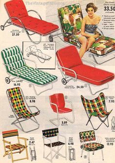 an advertisement for folding chairs and tables from the 1950's, including one with a woman sitting on it