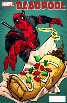 the deadpool is eating a hot dog