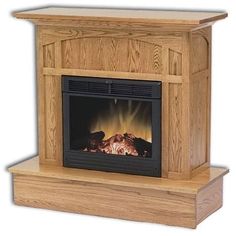 a wooden fireplace with an electric fire place on the top and bottom shelf below it