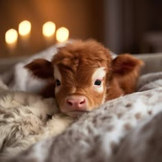 a brown and white cow laying on top of a bed next to a candle light