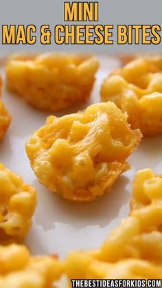 mini macaroni and cheese bites on a white plate with text overlay that reads, mini macaroni and cheese bites