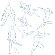 an image of a man doing different poses with swords in his hands and body outlines