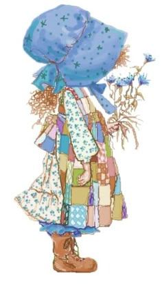 a drawing of a girl with a blue hat and dress